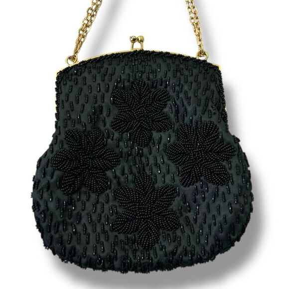 Vintage Handmade Mini Bad Black Floral Bead Eveningwear Gold Chain Strap Formal - Picture 1 of 10